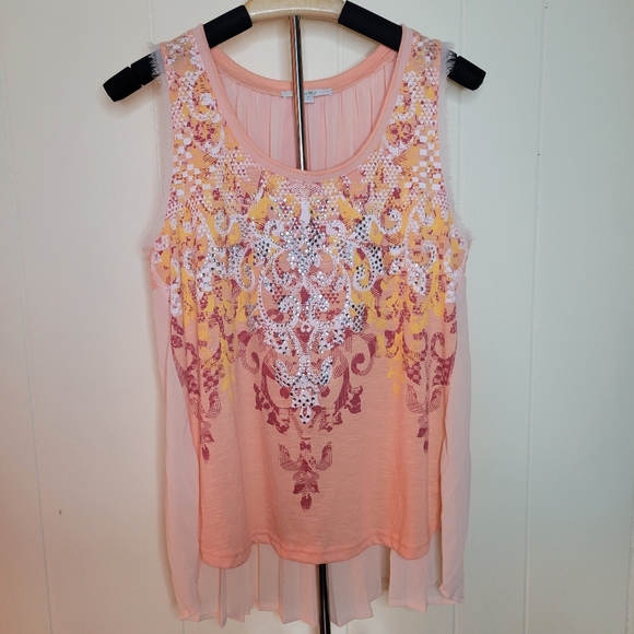 Miss Me Peach Embellished Mixed Fabric Tank Top - Picture 1 of 6